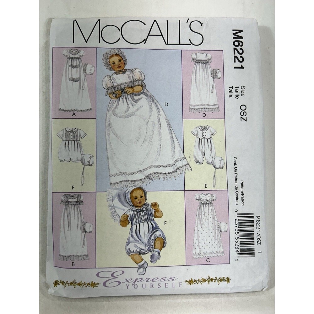 McCall’s M6221 Christening Gown & Romper Sewing Pattern One Size Uncut Baby